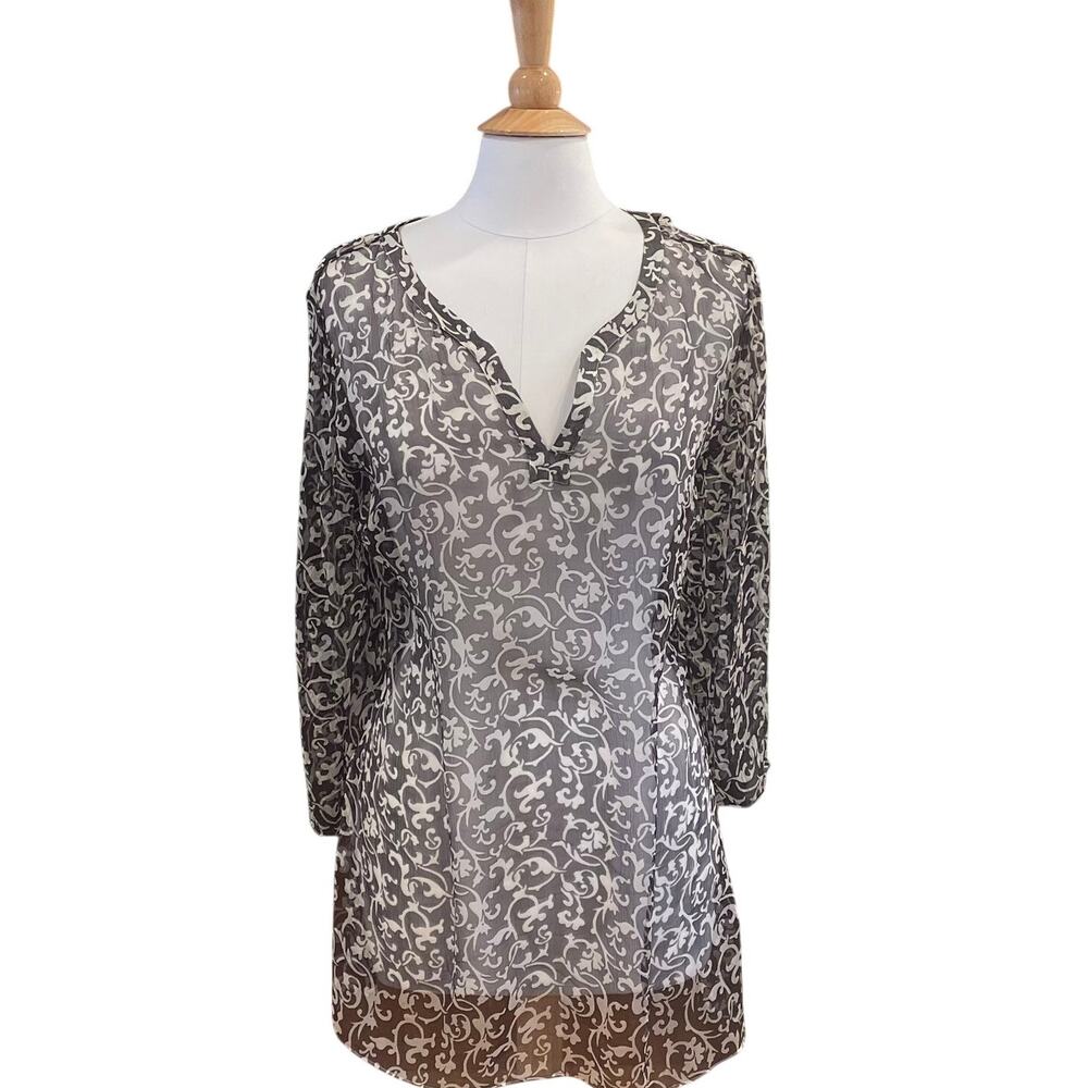 Brooks Brothers Long Sleeve Sheer Silk Tunic, Brown Floral, Luxury, Minimalist L
